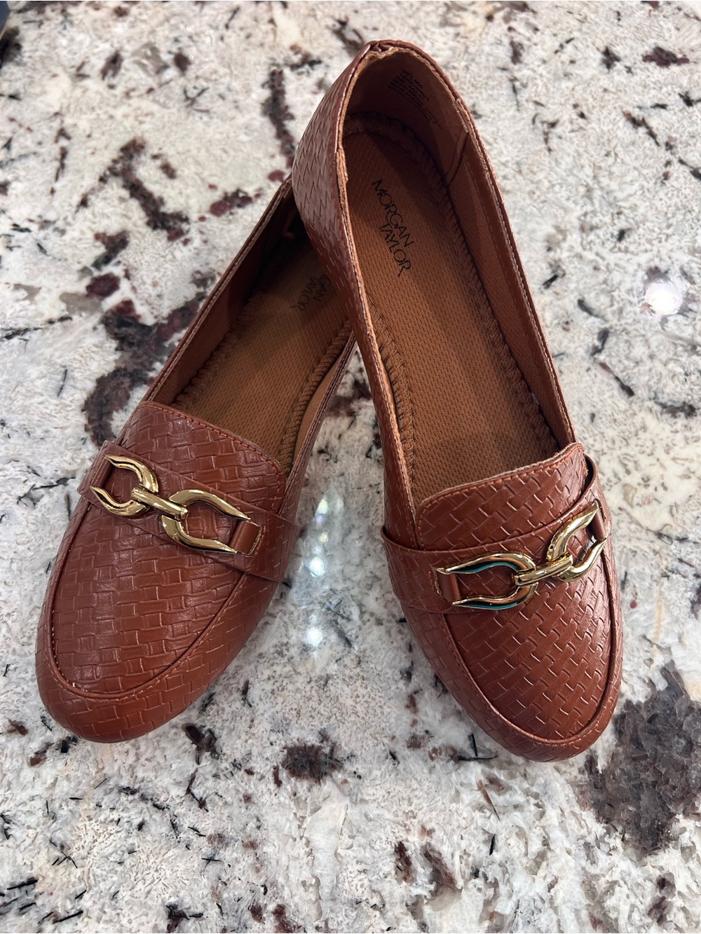 Naturalizer Cognac Woven Leather Loafers with Gold Chain